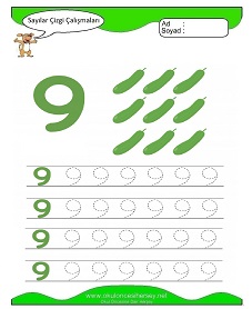 9 Rakamı Çizgi Çalışmaları Çalışma Sayfaları